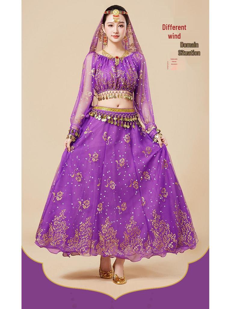 Fantasia de Apresentação de Dança do Ventre Indiana Huayu - Conjunto de Vestido de Manga Comprida de Chiffon para Mulheres