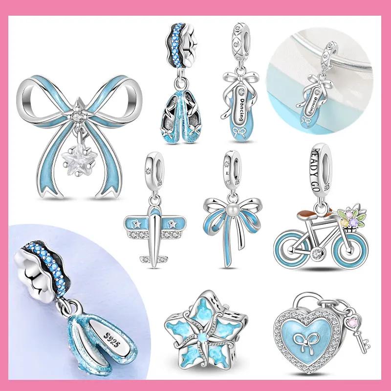 Romantic Blue Series Copper Plated Bow Ballet Shoes Heart Lock Charms Beads Fit 3Mm Original Bracelets Diy Jewelry Pure Gift