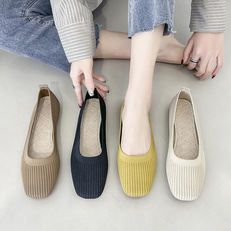 Fashion Women Leisure Flats Summer Autumn Flat Shoes Breathable Knitted Square Toe Slip-on Female Daily Walking Driving Loafers