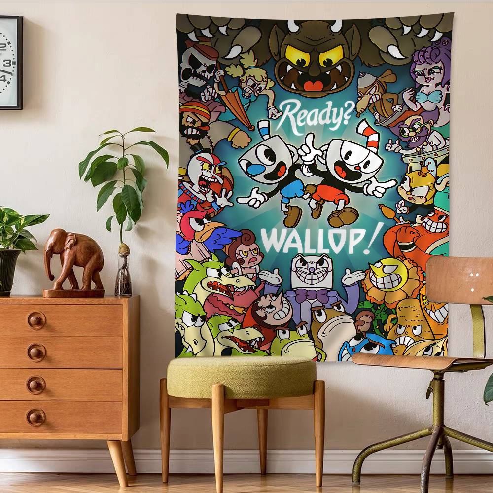Anime Cuphead Cartoon Tapestry Art Printing Japanese Wall Tapestry Anime Wall Hanging Home Decor 100X70CM