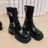 Women Platform Mid Calf Boots Fashion Leather Buckle Mid Heels Shoes 2025 Trend Winter New Brand Designer Pumps Botas De Mujer