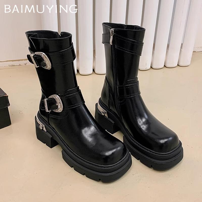 Women Platform Mid Calf Boots Fashion Leather Buckle Mid Heels Shoes 2025 Trend Winter New Brand Designer Pumps Botas De Mujer
