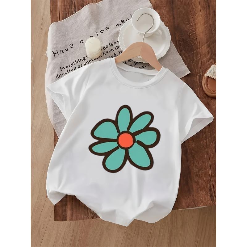 European sizes Girls Clothing Personality Cool Flower Pattern Print Girls Round Neck Summer Comfortable Casual T-shirt Suitable for Outdoor Walking 110 белый