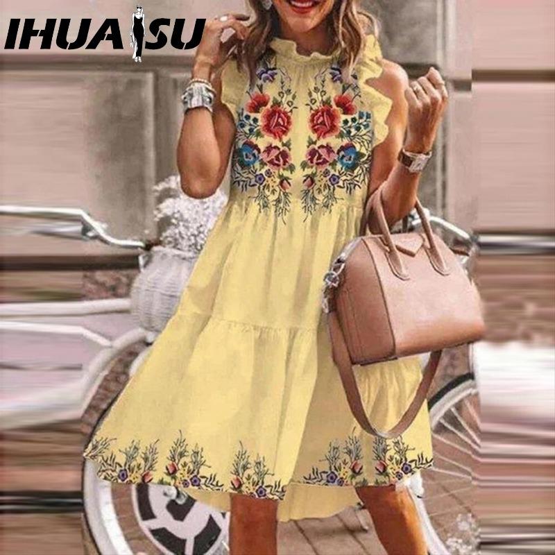 IHUASU Women Floral Print Dress Loose Streetwear Knee Length Sleeveless Ruffle Party Dress S-3XL