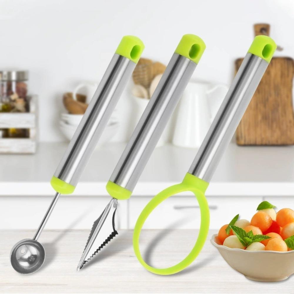 Kit di 4 Pezzi/Set di Strumenti per Intaglio Frutta in Acciaio Inossidabile Impugnatura Confortevole Anti-Ruggine Scavino Palline Frutta Secchiello Professionale per Palline di Anguria