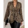 Elegant V-neck Leopard Print Bow Tie Lace Up Blouse Spring Autumn Women Basic Long Sleeved Shirt Simple Slim Fit Female Office New Casual Tops