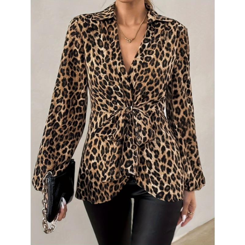Elegant V-neck Leopard Print Bow Tie Lace Up Blouse Spring Autumn Women Basic Long Sleeved Shirt Simple Slim Fit Female Office New Casual Tops