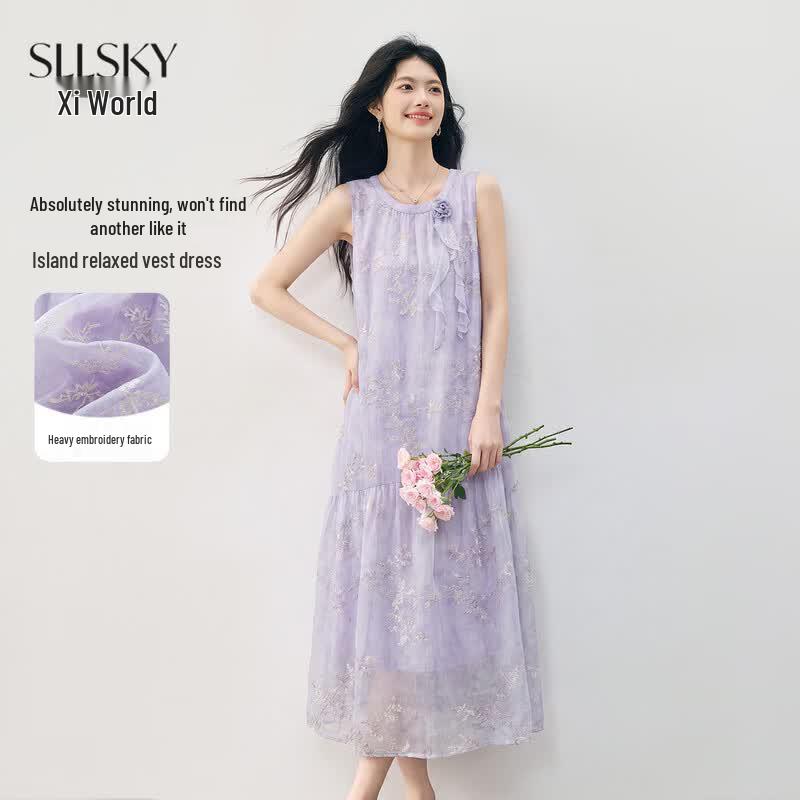 SLLSKY Women s Resort Style Purple 3D Floral Embroidery Sleeveless Vest Dress S