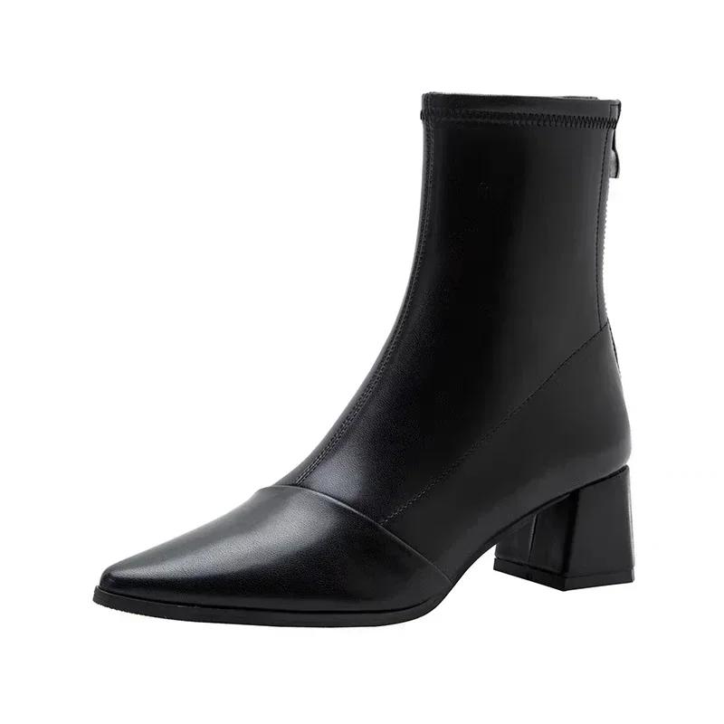 Spring Sexy Chelsea Boots Pointed Tip Thick Heel Back Zipper Middle Follow Women Shoes New Microfiber Leisure Comfortable Smooth