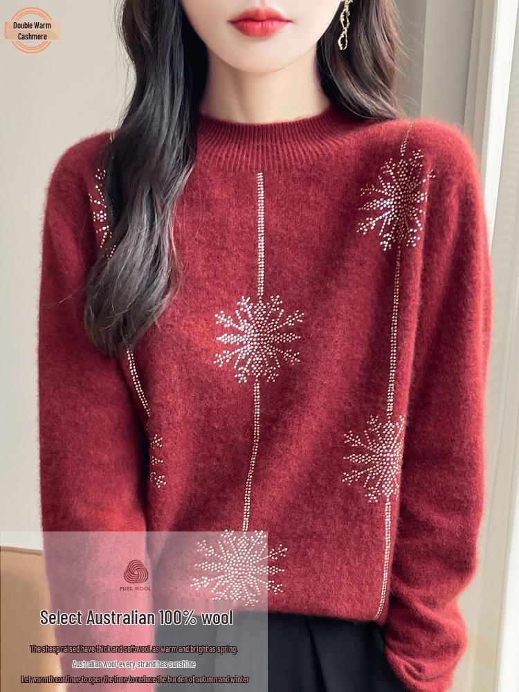 Women's Rhinestone Embellished Pure Wool Half-High Collar Pullover Sweater