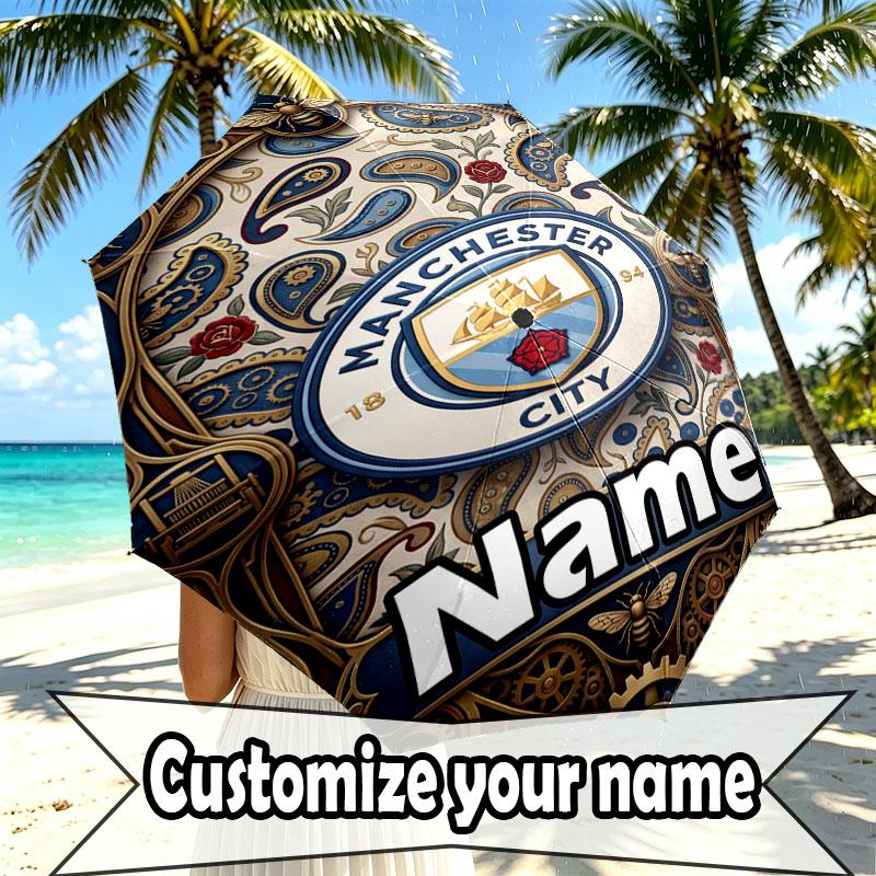 Custom Name Personalized Manchester City Print Umbrella, Auto Open Close, 8‑Rib Sturdy Frame, Commute Camping Hiking Use, Birthday Gift