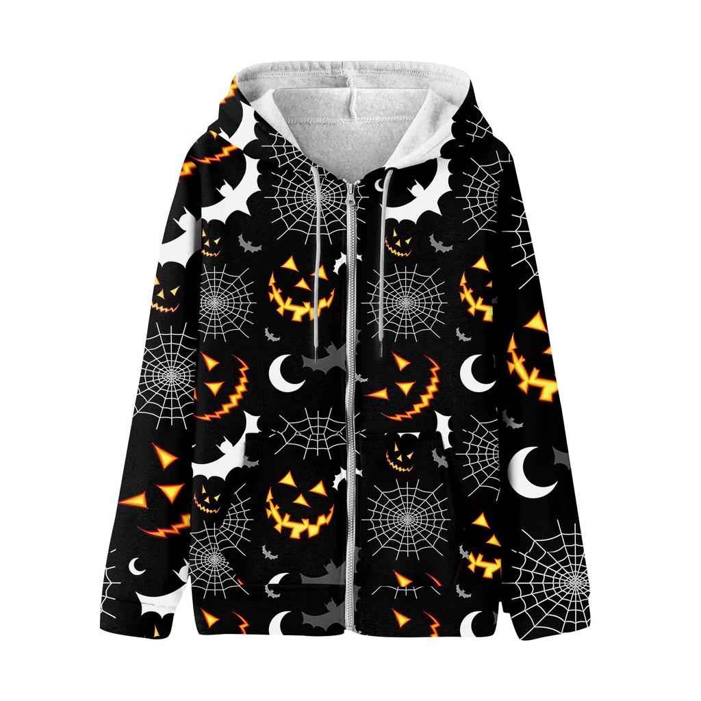 Women's Long Sleeve Halloween Printed Sweatshirt Pocket Zipper Hooded Jacket