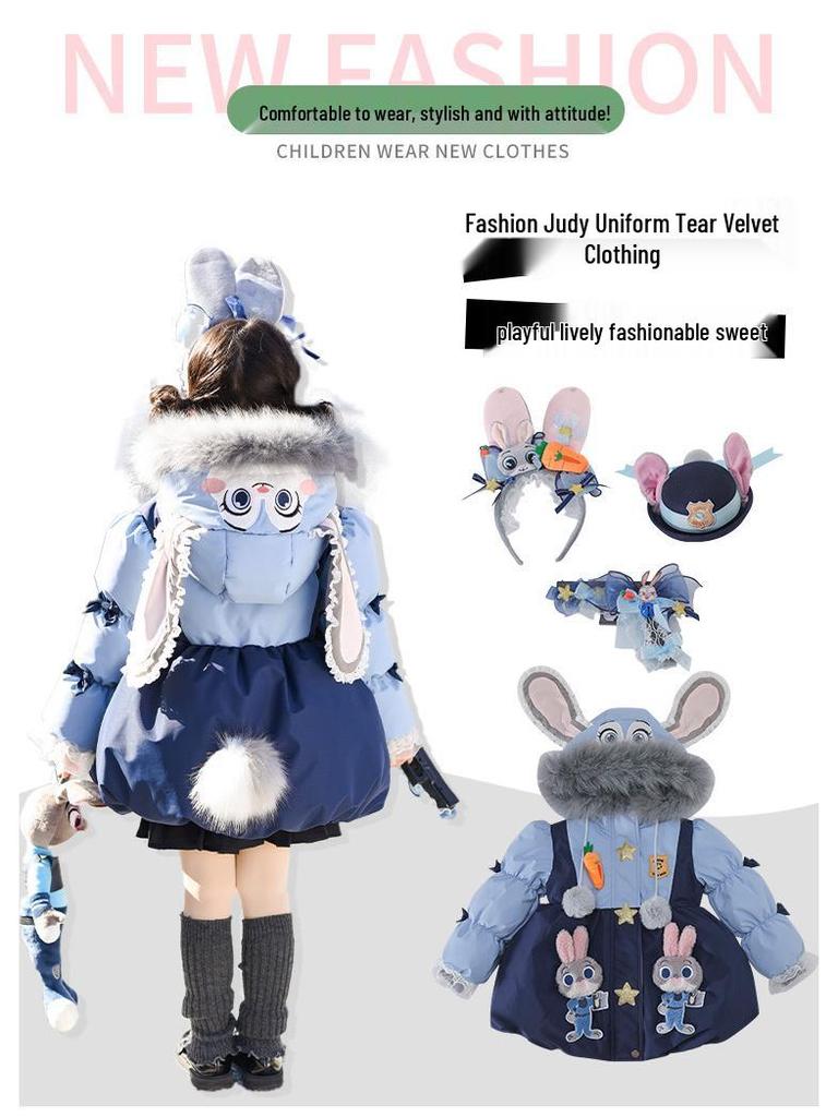 2025 Winter Girls' Elegant Rabbit Officer Down Jacket – High-End Fashion Baby Coat