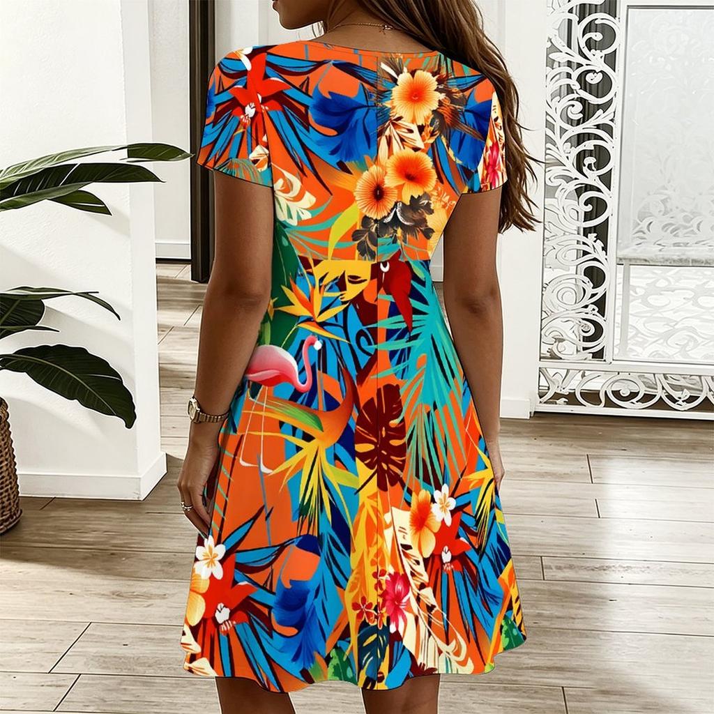 Ladies Plus Size V Neck Short Sleeve Dress Nature Floral Printed Loose A Line Dress For Spring And Summer Wear
