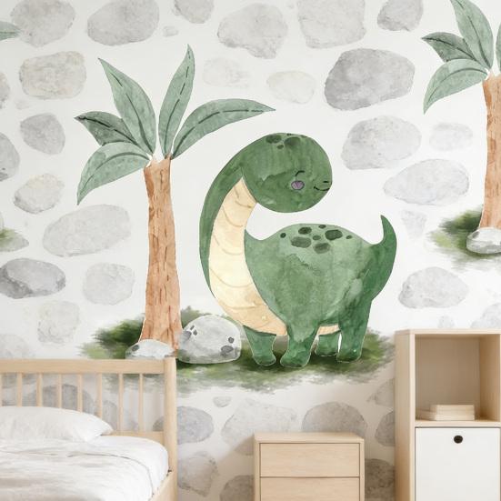Cute Dinosaur Wall Sticker Cartoon Dino Tropical Palm Tree Wall Decals Peel And Stick Dino Wall Art for Kids Boys Nursery Bedroom Playroom Classroom