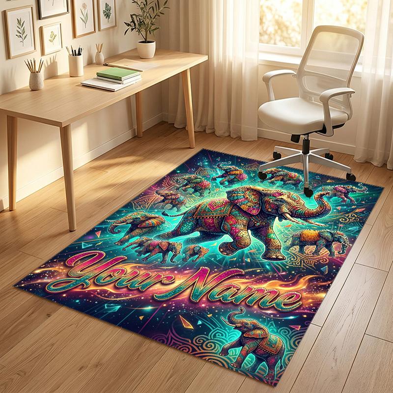 Elephant Theme Crystal Velvet Rug Personalized Custom Name Text Soft Floor Mat Home Decor