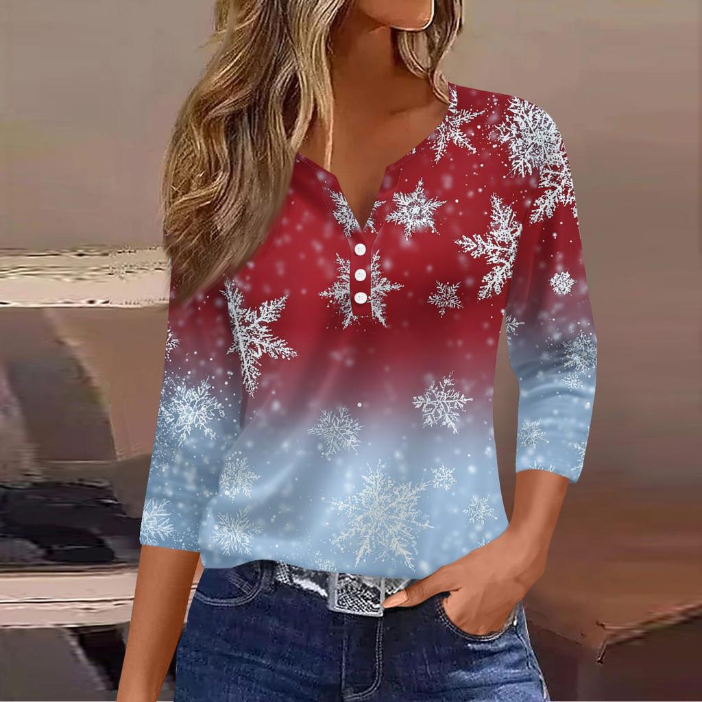 Women's Fashion Casual Christmas Tree Print V-Neck Decorative Button Three-Quarter Sleeve T-Shirt Top