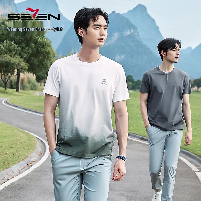 Qipai Men's Ice Algae Mud Gradient Print Round Neck T-shirt