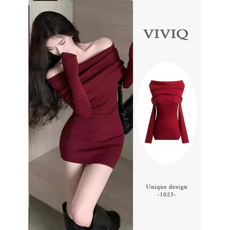 Damenbekleidung Herbst neu High-End Langarm Schultergestrickt Kleid Rot Hüftumschließender Kurzer Rock Kinder