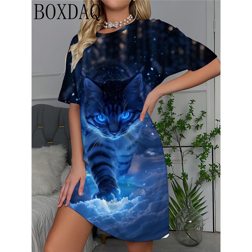 2026 Lässiges und bequemes Rundhals-Kurzarm-Kleid für Damen mit süßem Tierprint, lockerer Schnitt