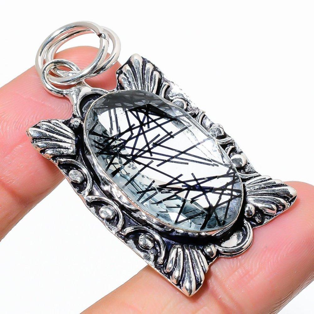 Black Rutile Gemstone Handmade 925 Sterling Silver Jewelry Pendant 2.17" j1U22