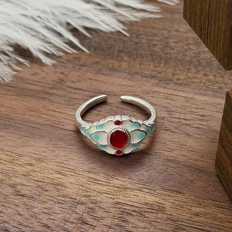 Ethnisch Stil Emaille Meeresblau Tropföl Blume Öffnungsring Damen Nische Leichter Luxus Exquisit Stapelring