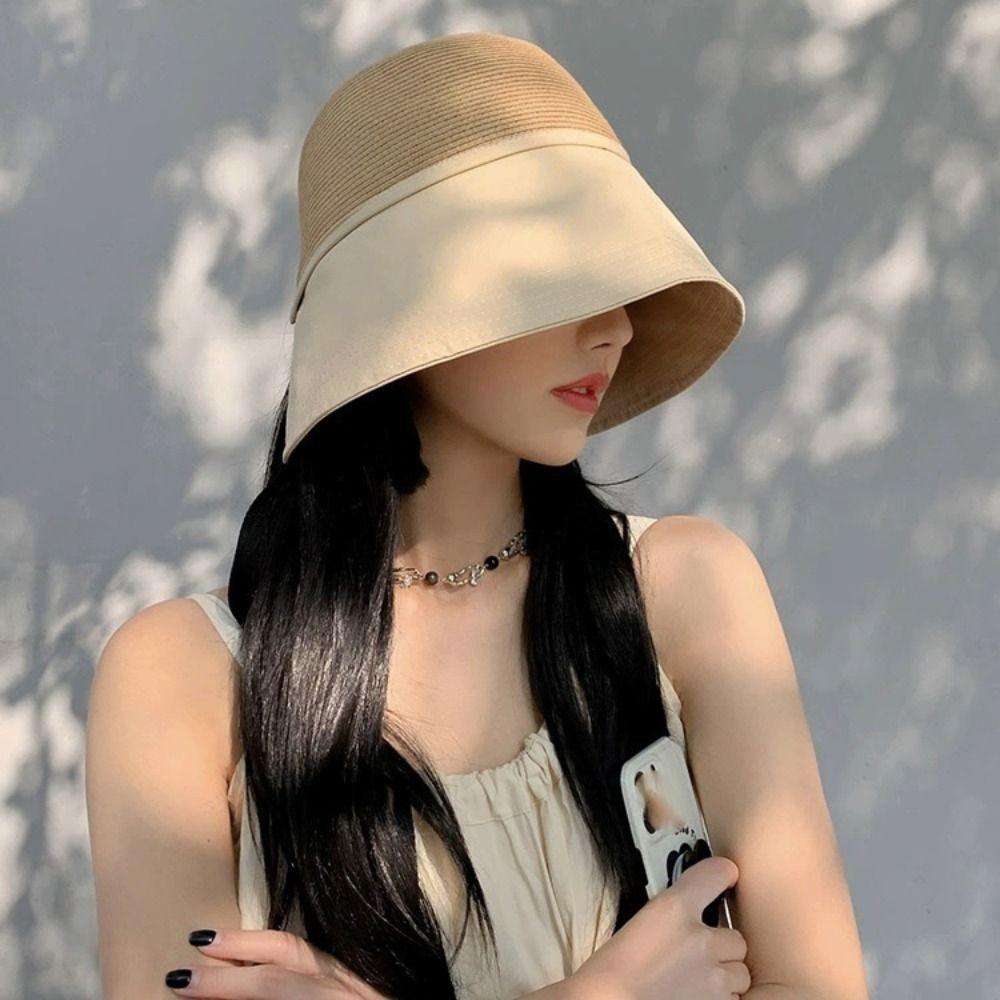 Stripe Straw Hat Shade Sun Caps Sunscreen Bucket Hat Foldable Beach Fisherman Hat  Outdoor Sports