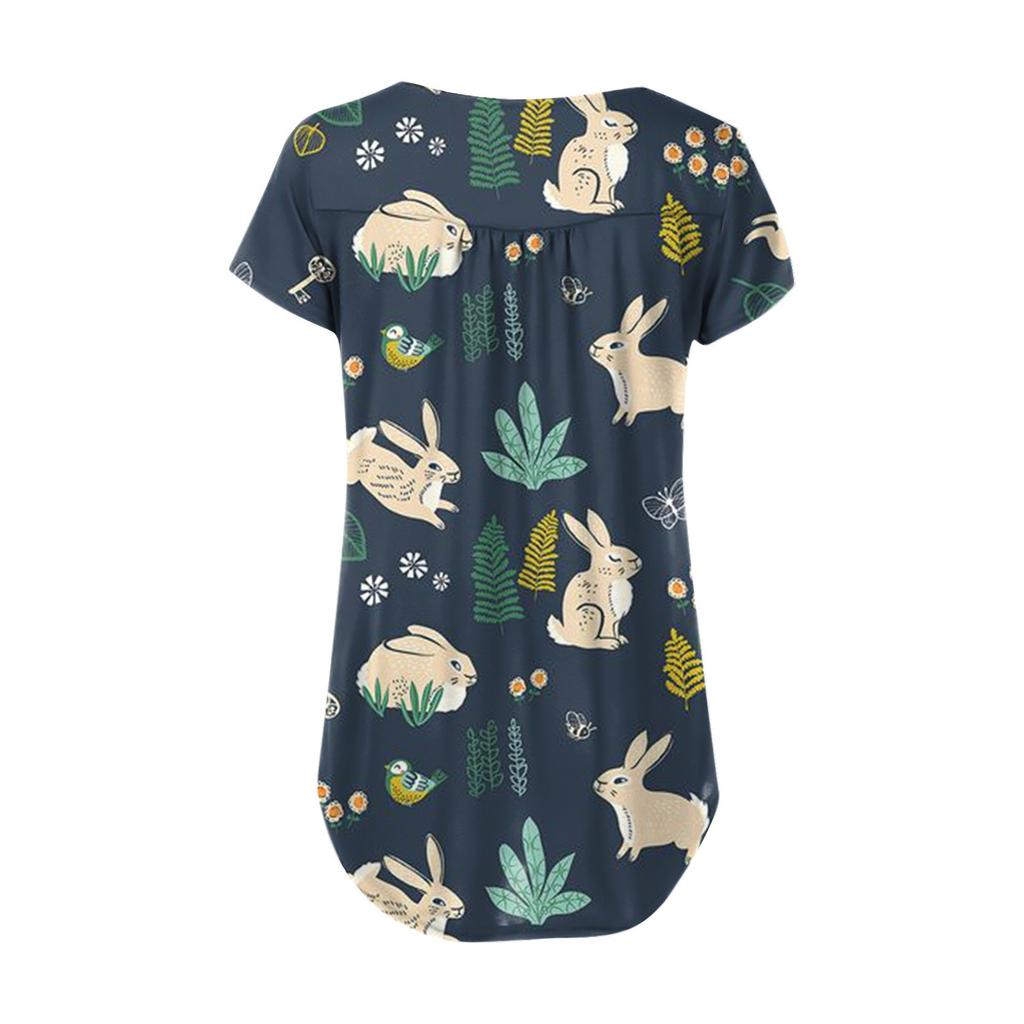 Women's Easter Short Sleeve Tops Loose Tops Casual Oversized Tops Pleated Tops Button Tie Tops Women