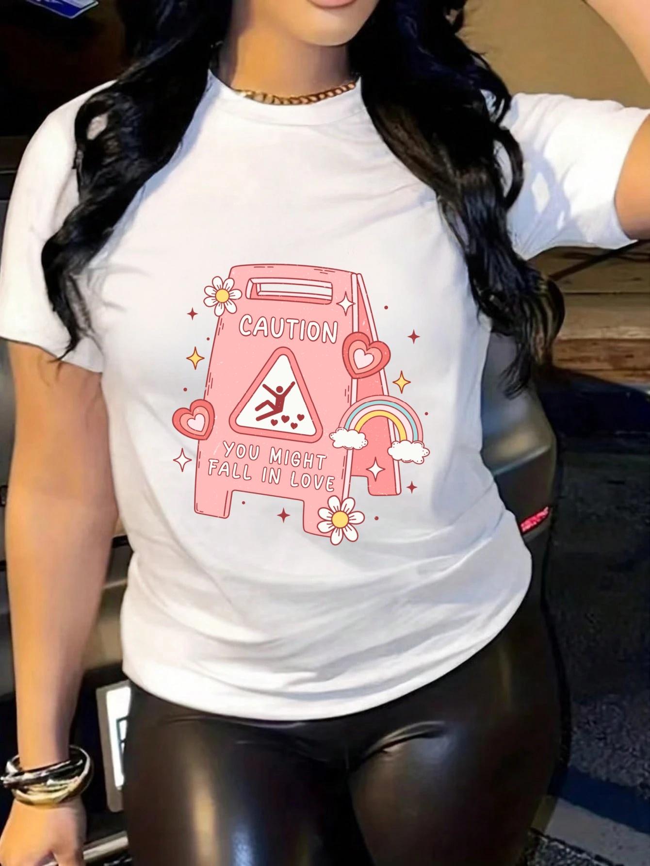 

Womens New Valentines Day Casual Fit Sleeve Pastel CAUTION Graphic with Hearts Rainbow Flowers Round Neck Comfortable Fabric S