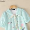 ZANZEA Women Lace Splice Turn Down Collar Casual Short Sleeve Print Blouse