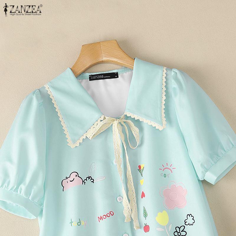 ZANZEA Women Lace Splice Turn Down Collar Casual Short Sleeve Print Blouse