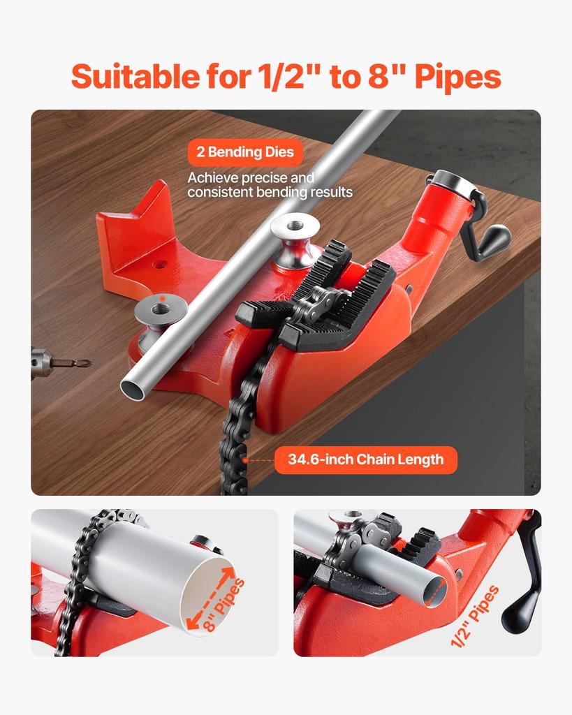 VEVOR Heavy-Duty Pipe Chain Vise, 1/2" - 8" Pipe Capacity, 34.6" Rugged Chain & Cast Iron Base