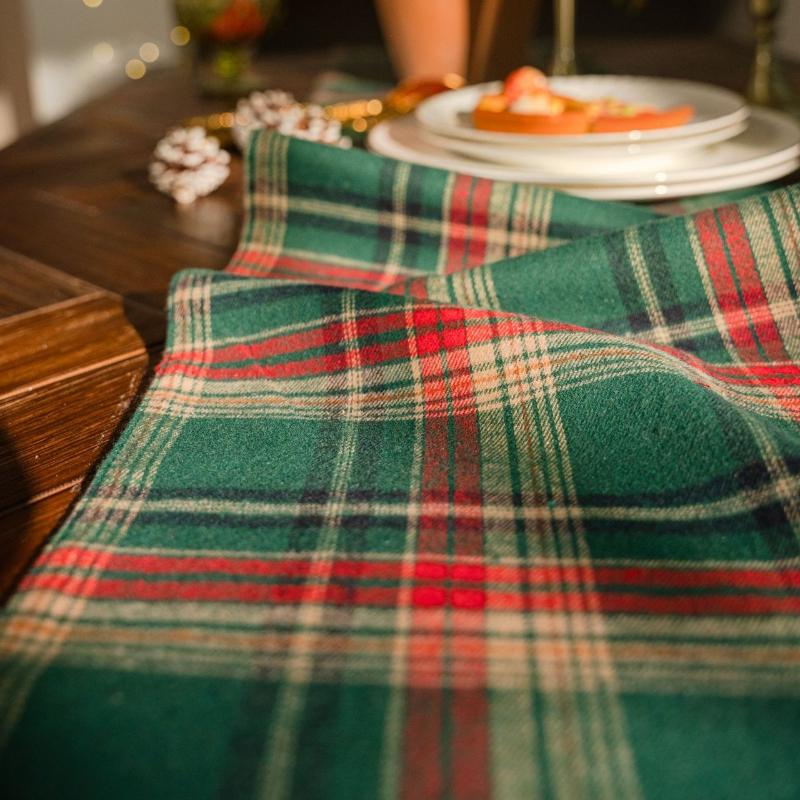 1pc Christmas Plaid Table Runner Cotton Linen Double Layer for Home Dinner Decor