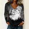 Women's Halloween Printed V Neck Long Sleeve Pullover Top Casual Lightweight Stretchy Shirt for Fall Seasonal Wear