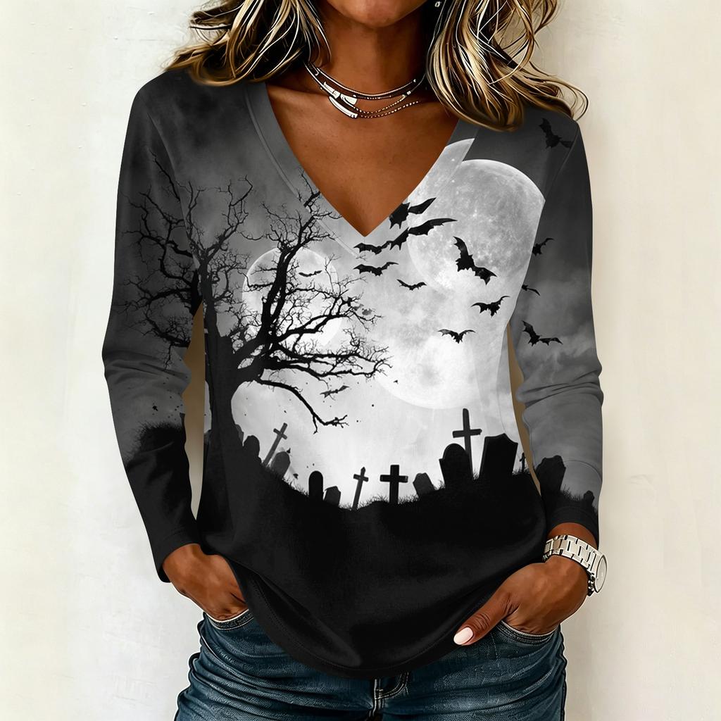 Women's Halloween Printed V Neck Long Sleeve Pullover Top Casual Lightweight Stretchy Shirt for Fall Seasonal Wear