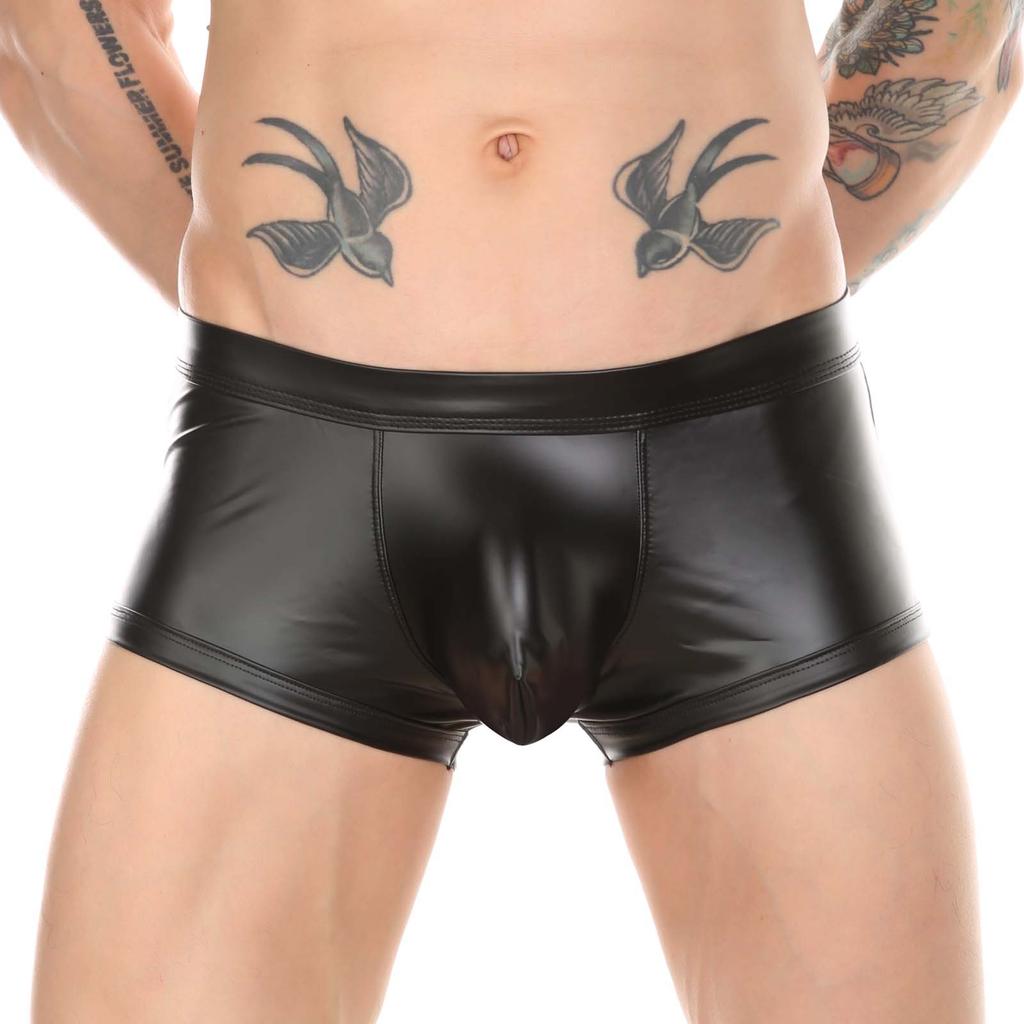 Men's Erotic Panties Cool Imitation Leather Underwear Buttocks Design Sexy Hollow Out Nightclub Boxer Shorts