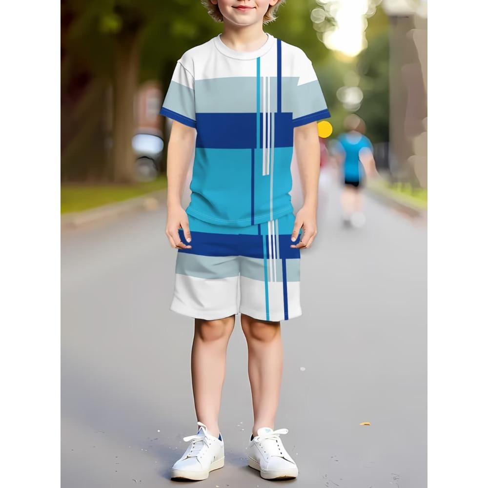 Boys Clothes Simple Striped 3D Printed Short Sleeve T-Shirt Sets Loose Casual Summer Outdoor Quick Drying Children's Clothing