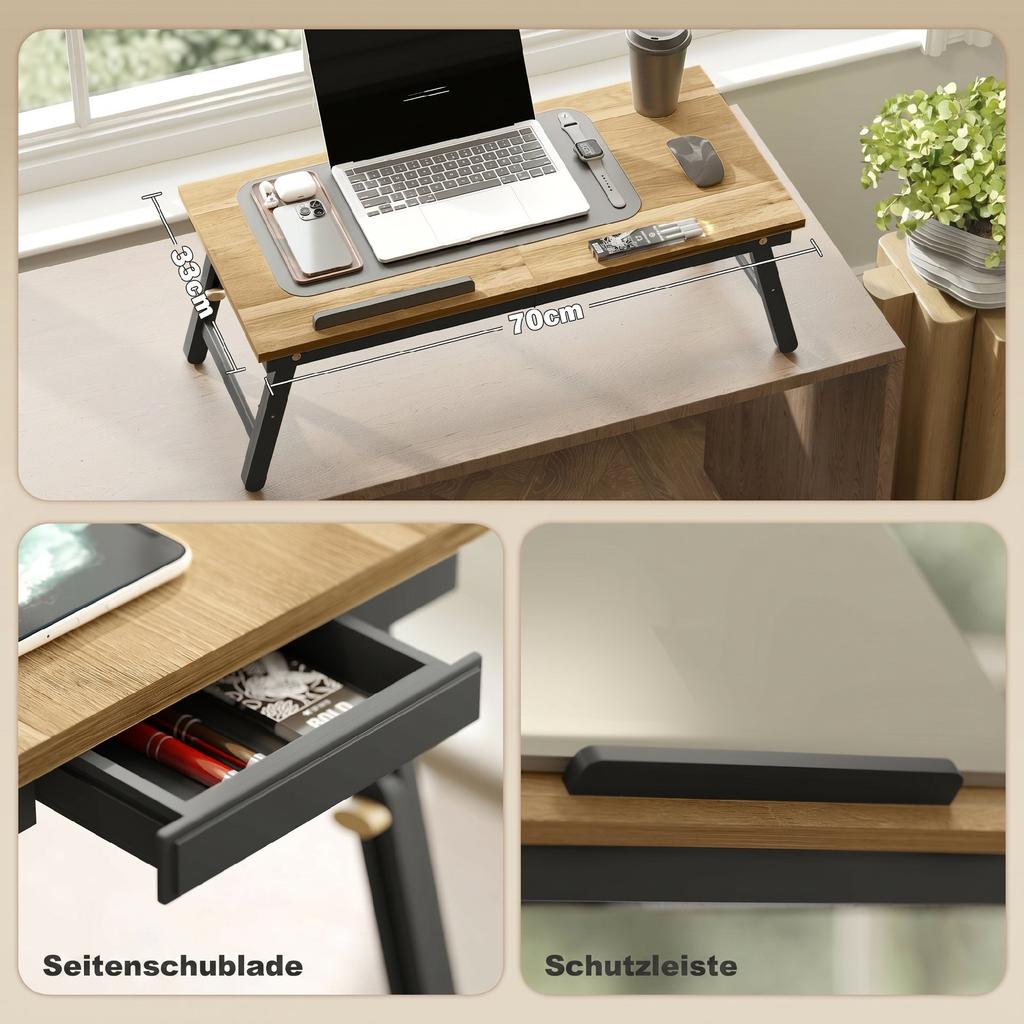 Bed Table, Height-Adjustable Laptop Table with Drawer, Foldable, for Sofa Working In Bed, Oak