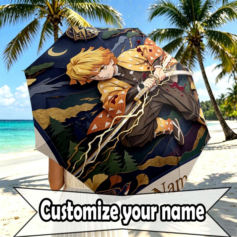 Custom Name Personalized Demon Slayer Print Umbrella, Auto Open Close, 8‑Rib Sturdy Frame, Commute Camping Hiking Use, Birthday Gift