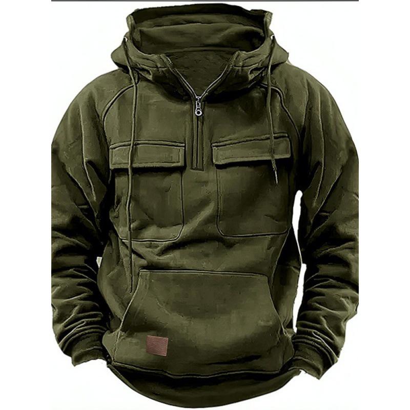 Men's Hooded Multi-Pocket Leather Patch Sweatshirt - European & American Style