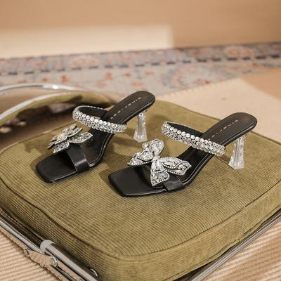 7318 High-heeled Slippers Women's Stiletto 2025 New Crystal-heeled Cool Slippers Rhinestone Sandals with Bow.