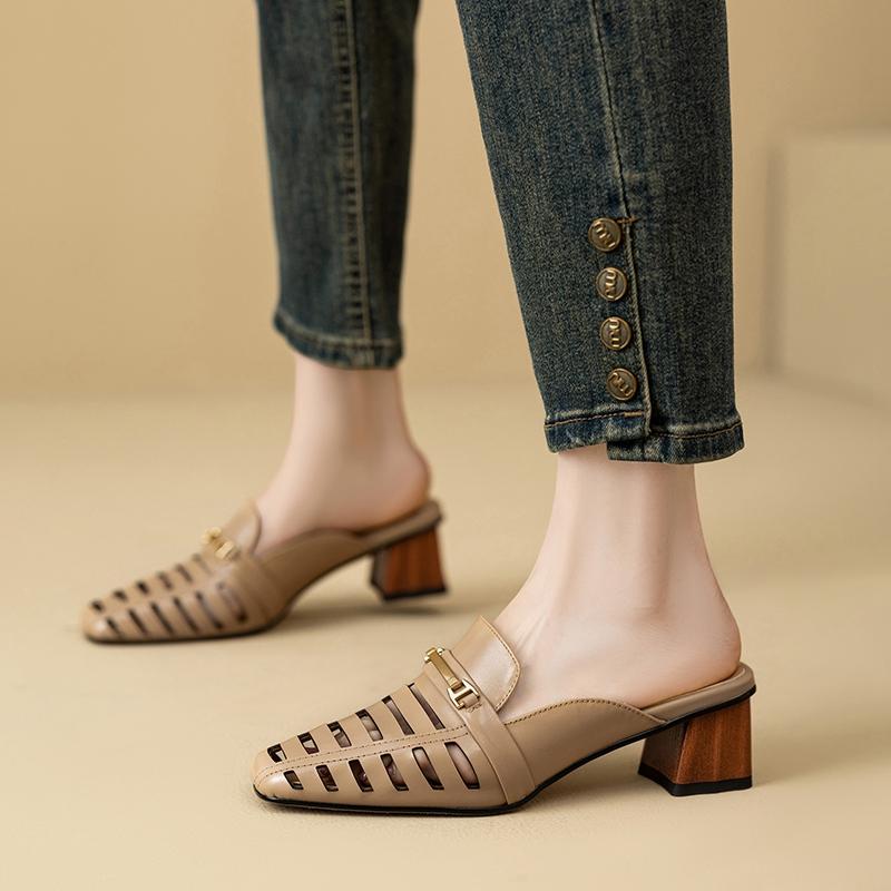Fashion Women's New Leather, Cowhide, Metal Accessories, Mid Heel, Large Toe, Mueller Slippers, Breathable Perforated Shoes