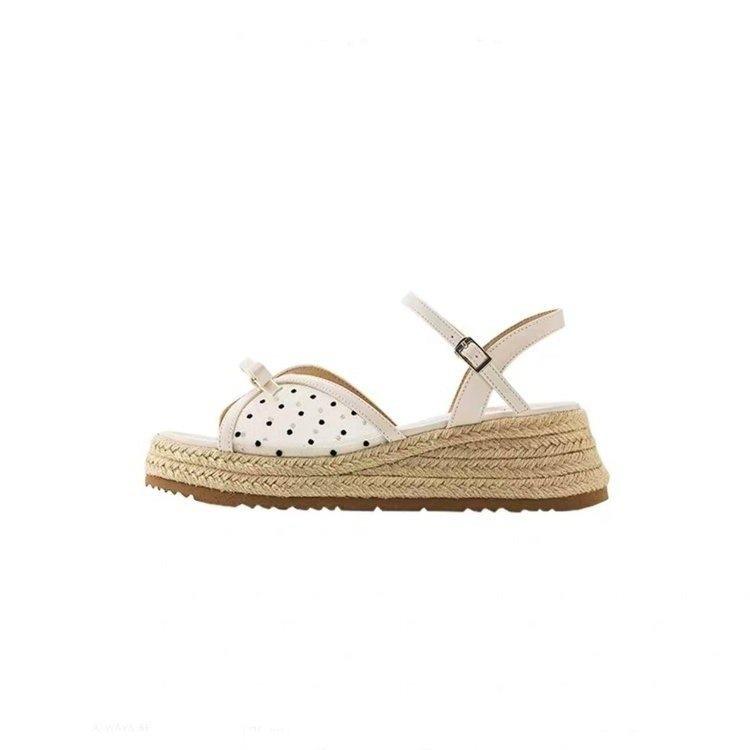 Beautiful sandals for summer wear, women's giant good-looking bow mesh polka dot straw wedge heels