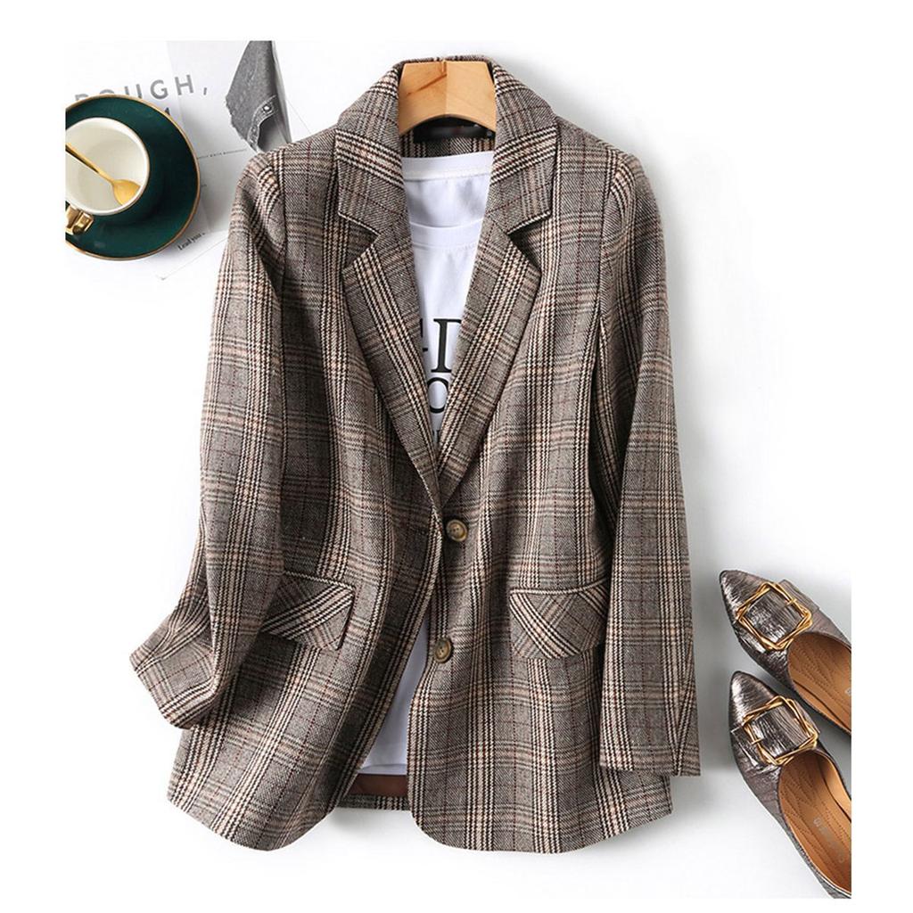 Women's Fashion British Style Loose Casual Plaid Small Suit Jacket