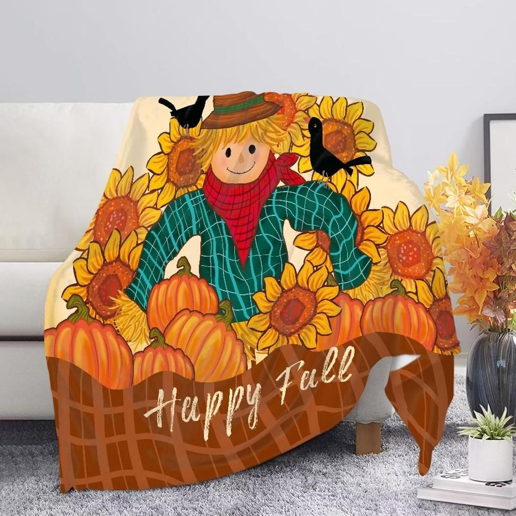 Harvest Autumn Throw Blanket Pumpkin Farmhouse Fallen Leaves Blanket Cozy Soft Lightweight Flannel Plush Blankets for Bed Couch