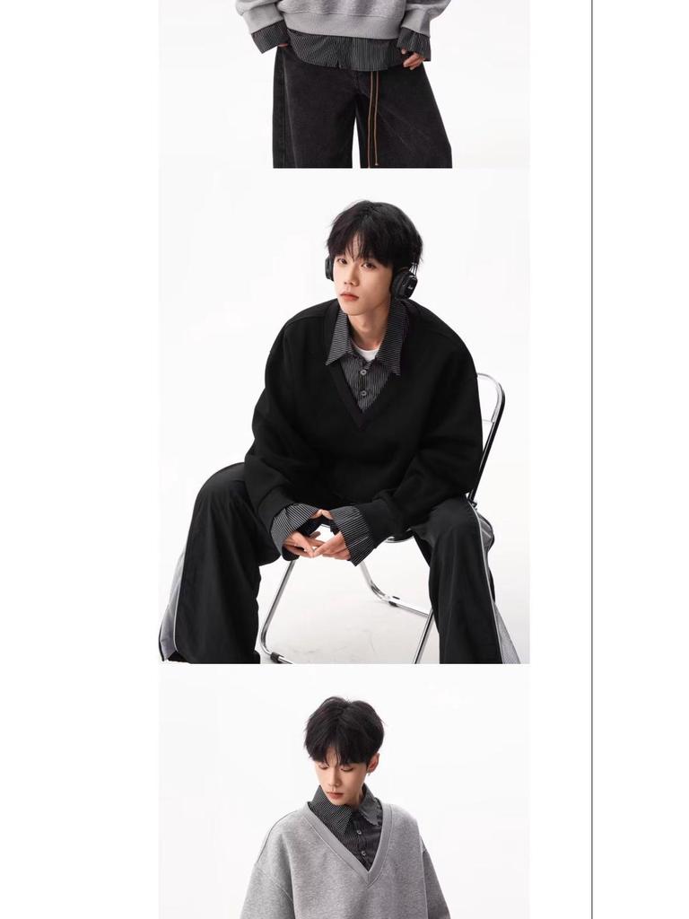 Autumn Faux Two-Piece Hoodie - Unisex Korean Style Loose Pullover with Shirt Collar