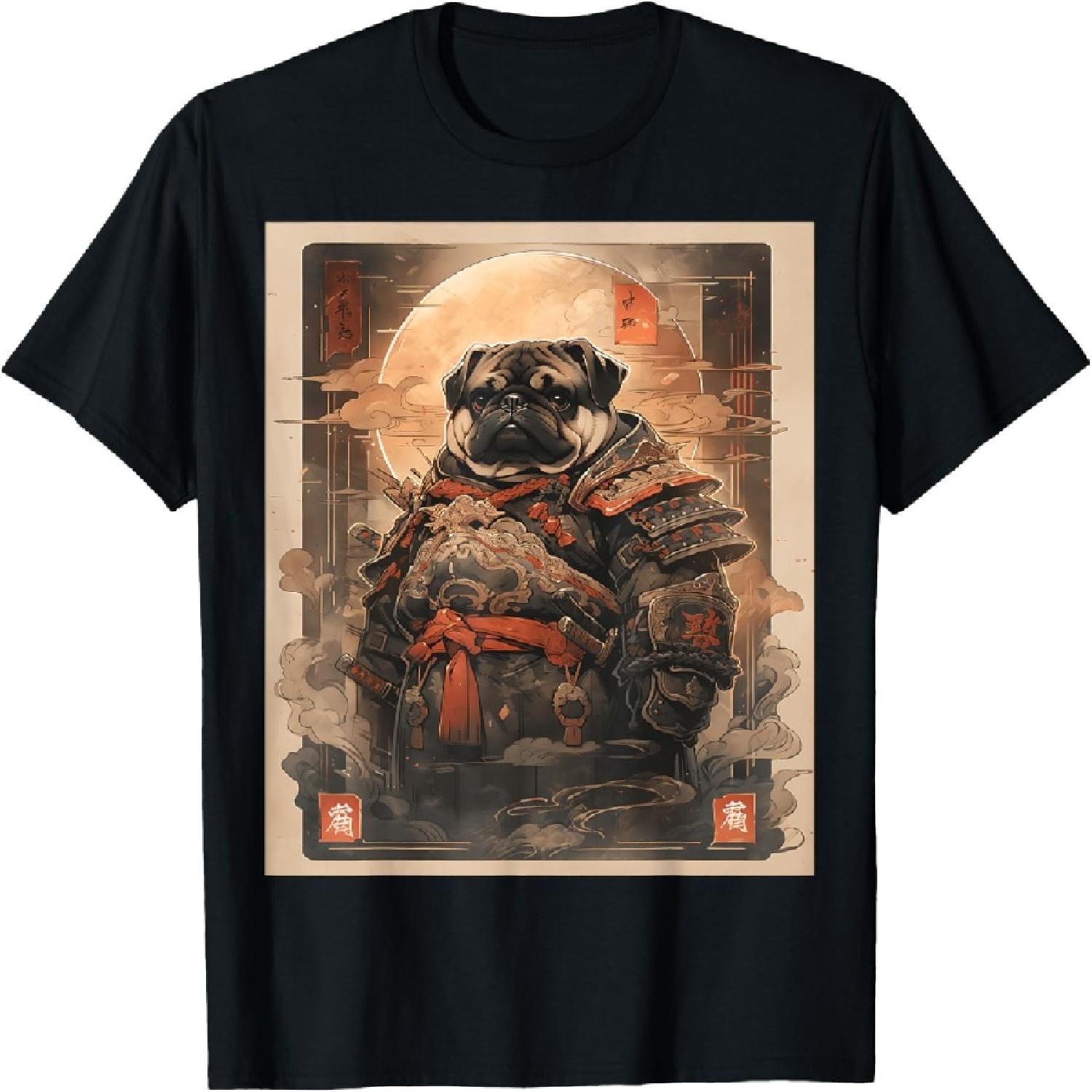 

Japanese Samurai Pug Dog Full Gear Warrior Ukiyo-e Graphic T-Shirt for Men Women Kids XXXXXL різнокольоровий