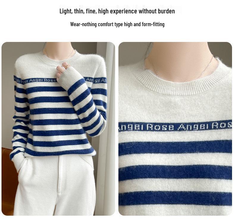 Women's Striped Crew Neck Wool Sweater - Autumn/Winter Loose-Fit Cashmere Knit