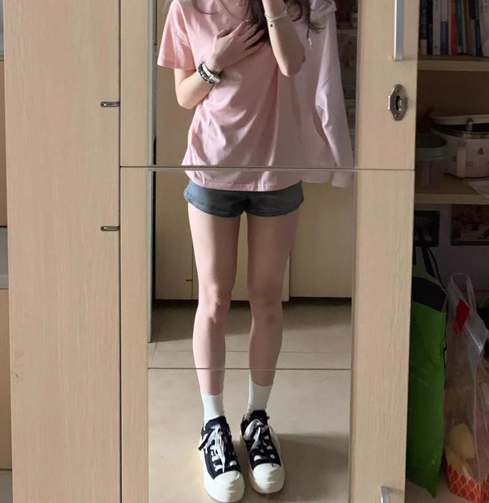 Women's Pink V-Neck Short-Sleeve T-Shirt - Summer 2026 Korean Style, Loose Fit, Slimming, Versatile Plain Color Half-Sleeve Top