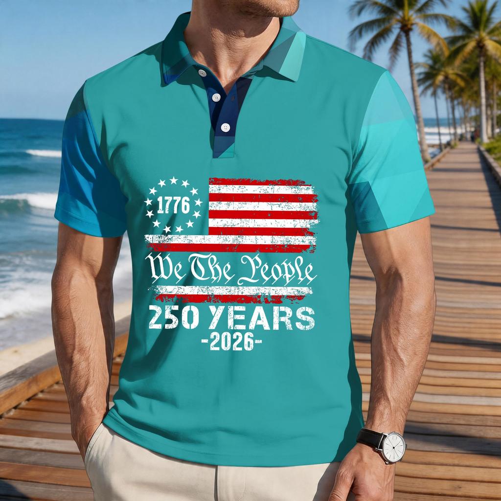 Men's Loose Fit Casual Short Sleeve Polo Shirt with National Flag Print Comfortable Lightweight Summer Top